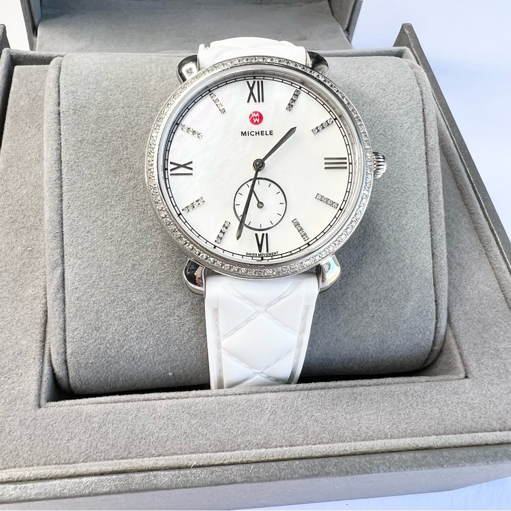 Genuine Michele Diamond Mother Of Pearl Watch with Leather and NewQuilted Straps